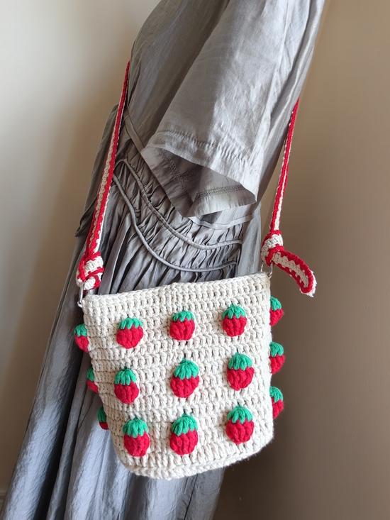 Handmade Handbags - Handmade Cream Crochet Strawberry Crossbody Bag with Red Strap, Boho Tote Bag